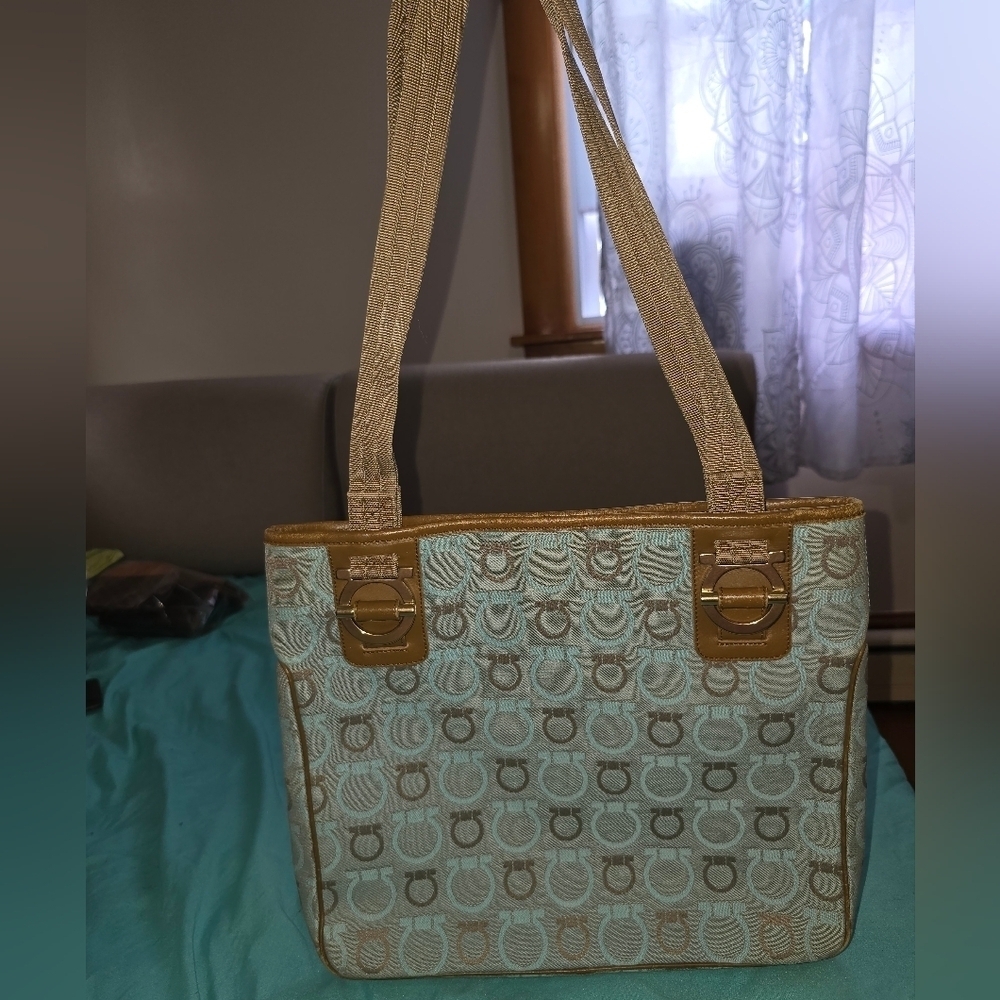 Salvatore Ferragamo Tan and Baby Blue Tote Bag with Elegant Design